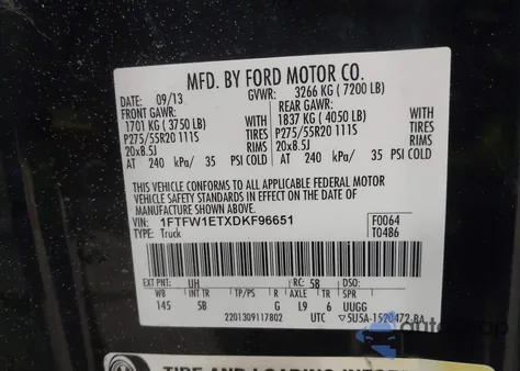 2013 Ford F-150 Fx4 z USA, uszkodzony, nr VIN 1FTFW1ETXDKF96651
